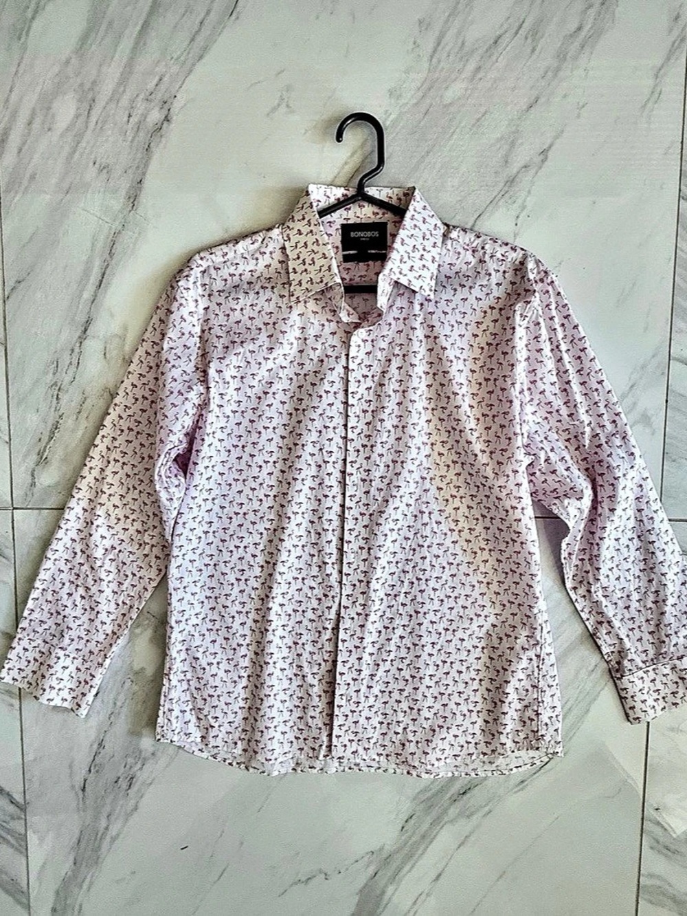 Bonobos Stretch Slim Fit Button-Down Shirt Flamingo Print White & Pink Size 16/3